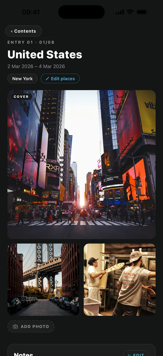 Journal entry for the United States with cover photo and trip photos