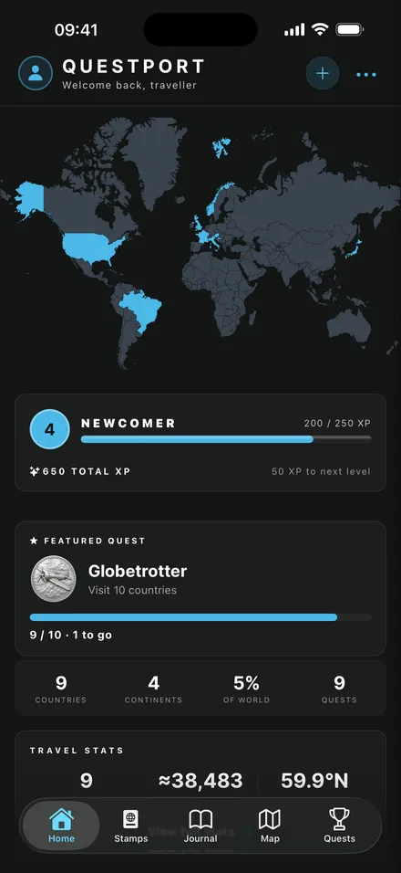 QuestPort home screen with a world map of visited countries and traveller level