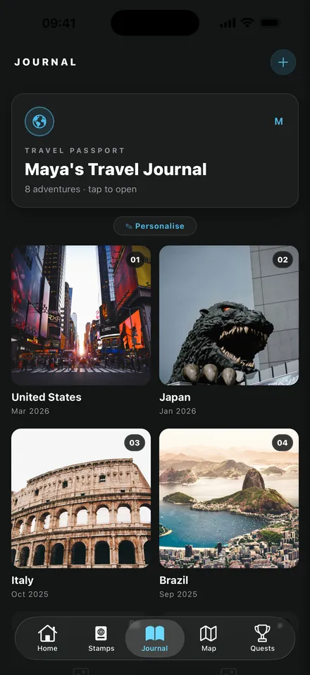 Travel journal with photo entries for each trip