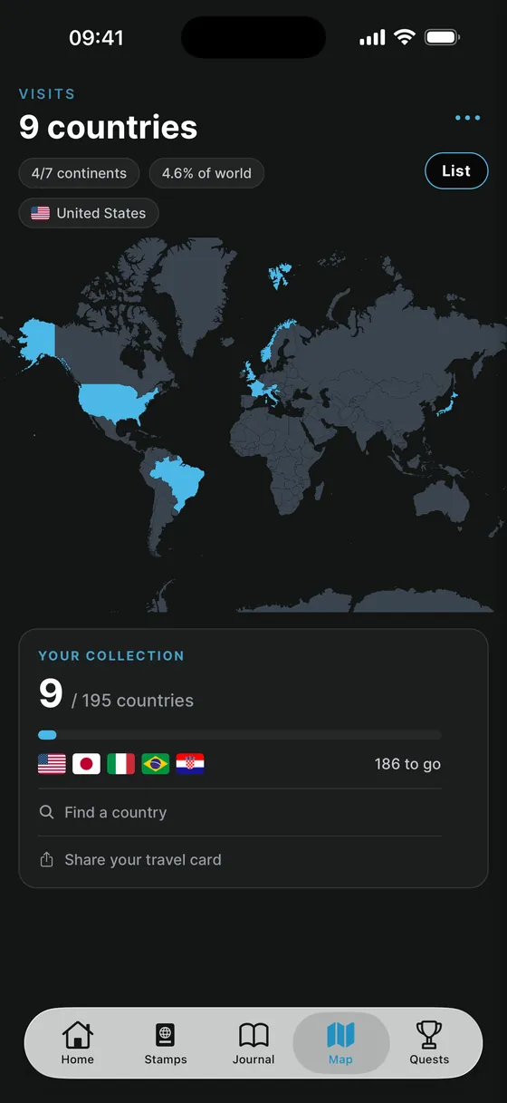World map showing 9 visited countries and collection progress