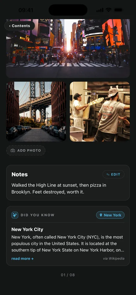 Journal entry with trip photos, notes and a Did You Know fact about New York City
