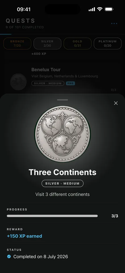 Completed Three Continents quest achievement